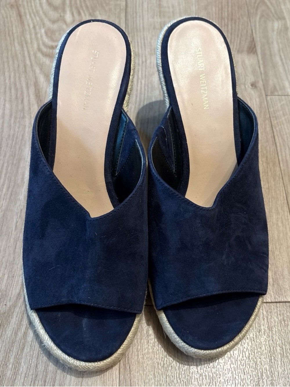 Stuart Weitzman Navy Suede Open-Toe Mule Slides